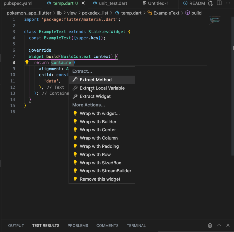 The Flutter VSCode extension provides code actions for commonly used operations