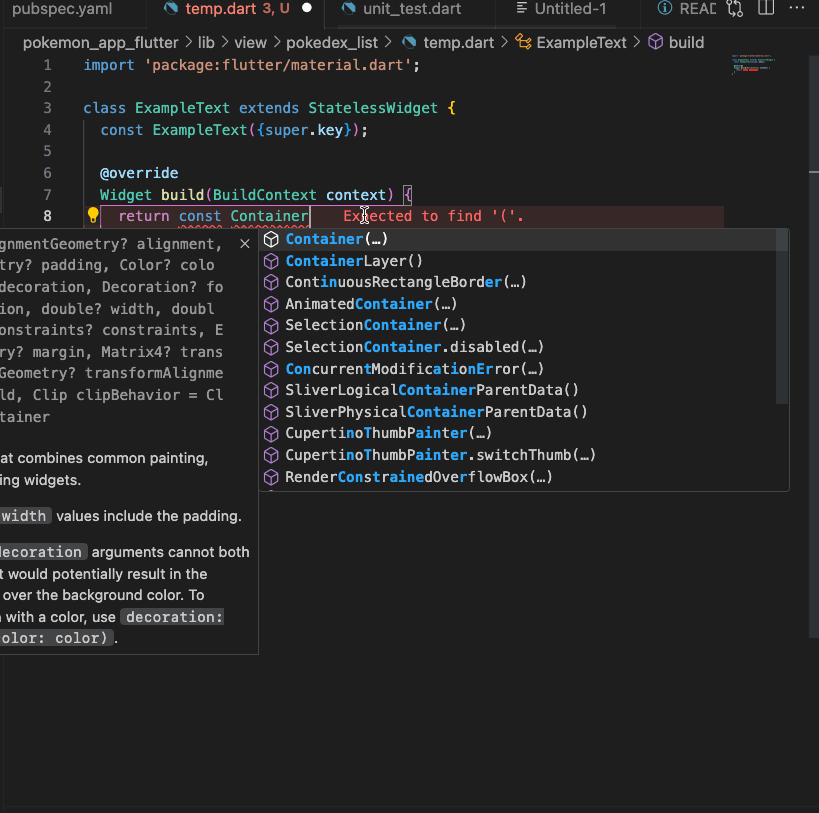 The Flutter VSCode extension provides detailed code suggestions for accepted options, colours etc.