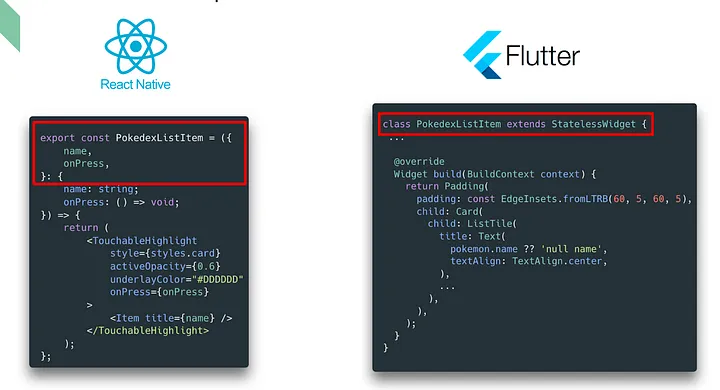 React uses functional components, while Flutter uses class components
